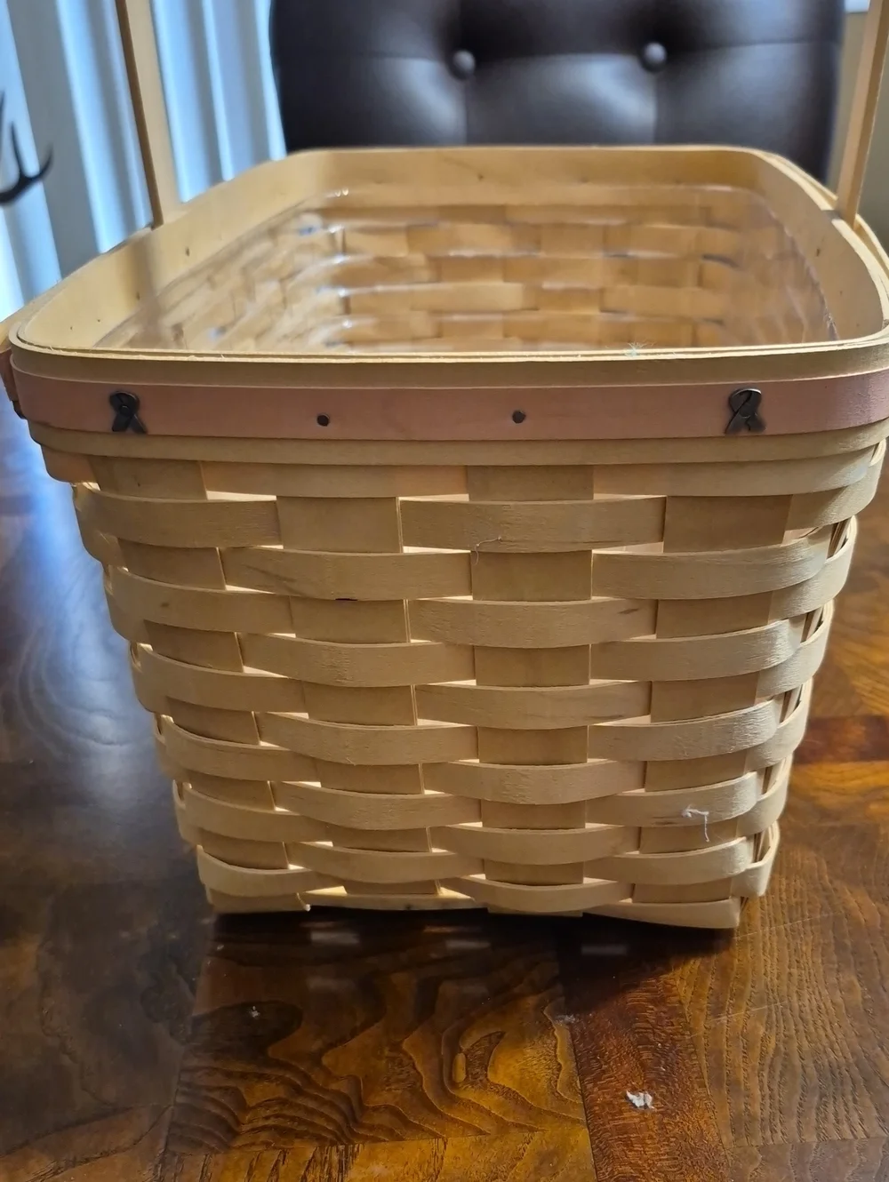 Longaberger Natural Wood Basket with Pink Trim and Ribbon